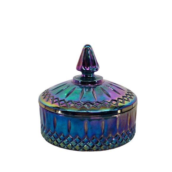 Unbranded Other - Vintage Iridescent Blue Carnival Glass Trinket Dish Lidded Candy Jar Oil Slick